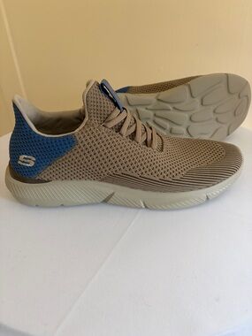 Skechers Taupe Knit Slip-On Sneakers with Blue Heel